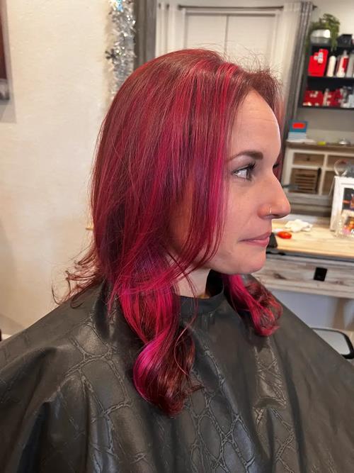Fashion Hair Color in Reunion, Colorado This rich raspberry and magenta fashion hair color was custo(..)
